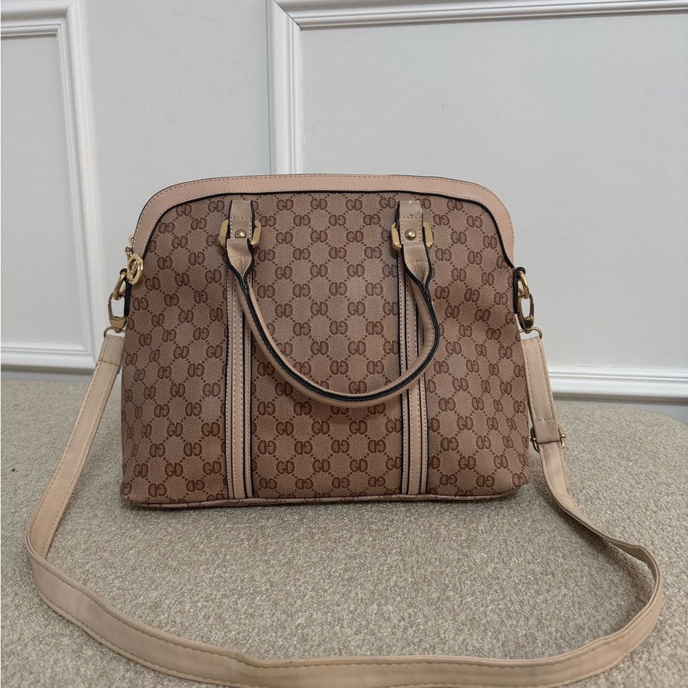 Chic Brown Satchel with Logo Pattern - image 2